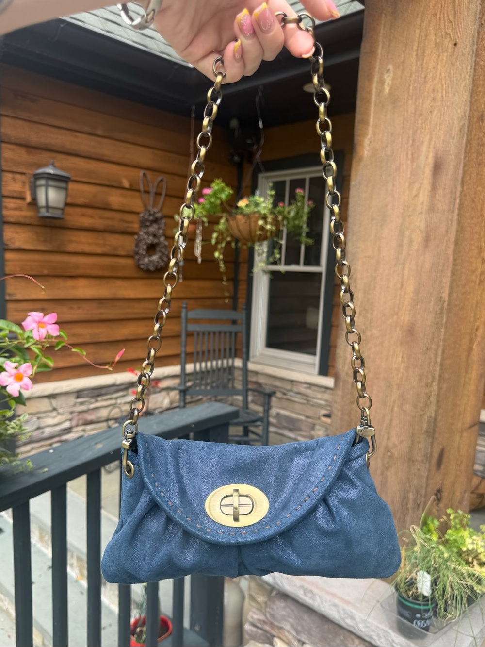 Vintage Y2K Carla Mancini Blue Leather Mini Turn Lock Chain Shoulder Bag
